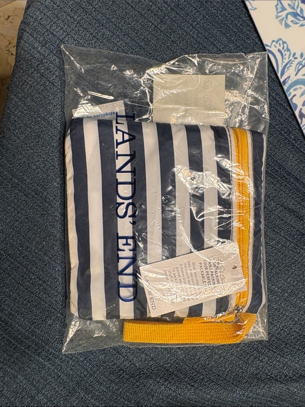 BRAND NEW! Lands' End Navy and White Striped Pouch with Yellow Trim